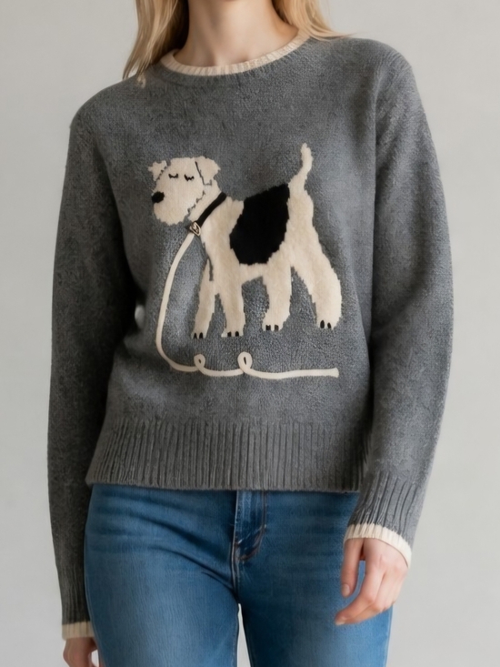 Calligraphie Sweaters - Antropologie Gray Crewneck Sweater with Dog Motif